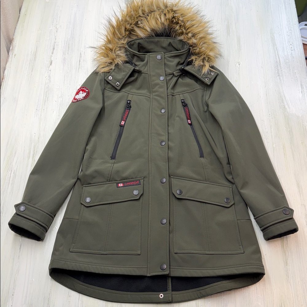 Canada Weather Gear Faux Fur Trim Hooded Parka Army/Forest Green Sz L - Picture 3 of 16